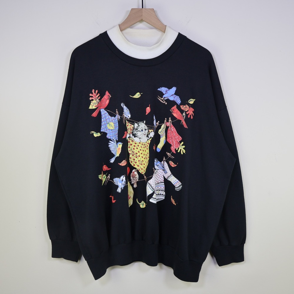Vintage 90s Cat Bird Basic Editions Plus Graphic Sweatshirt 2X Cottagecore Black